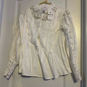 Women's Collar Cotton Solid Color Lace Hollow Long Sleeve Lace